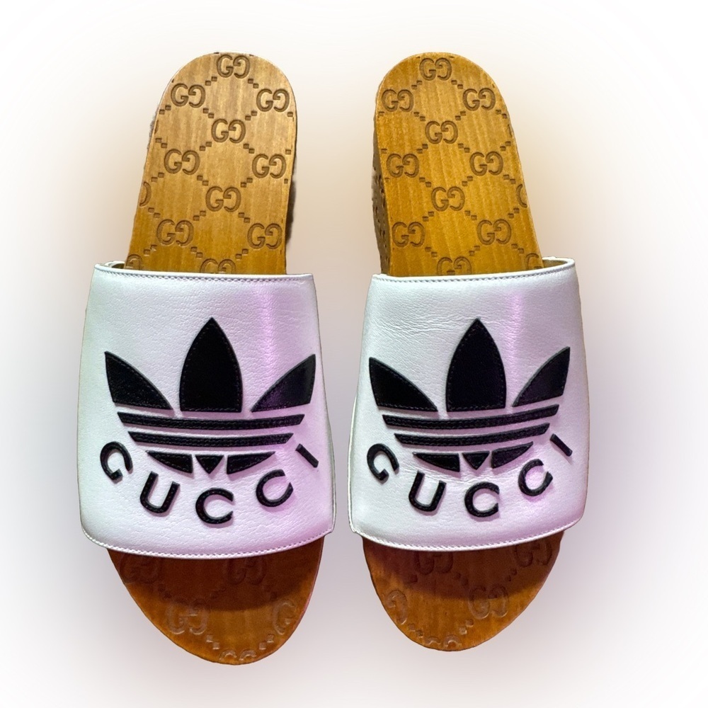 GUCCI X ADIDAS Women's White Leather GG Monogram Platform Clogs Shoes EU 38
